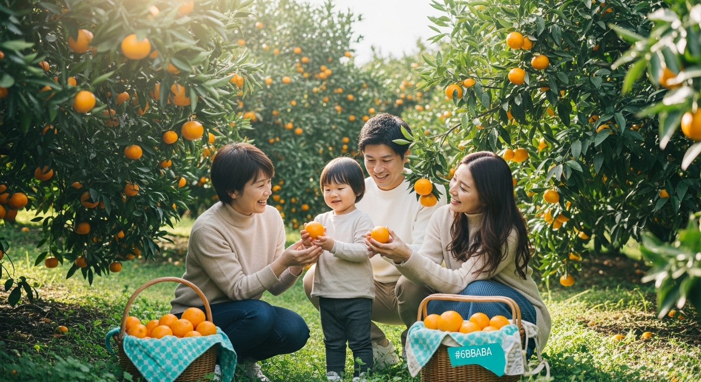 みかん｜みかん狩りをする親子、家族
