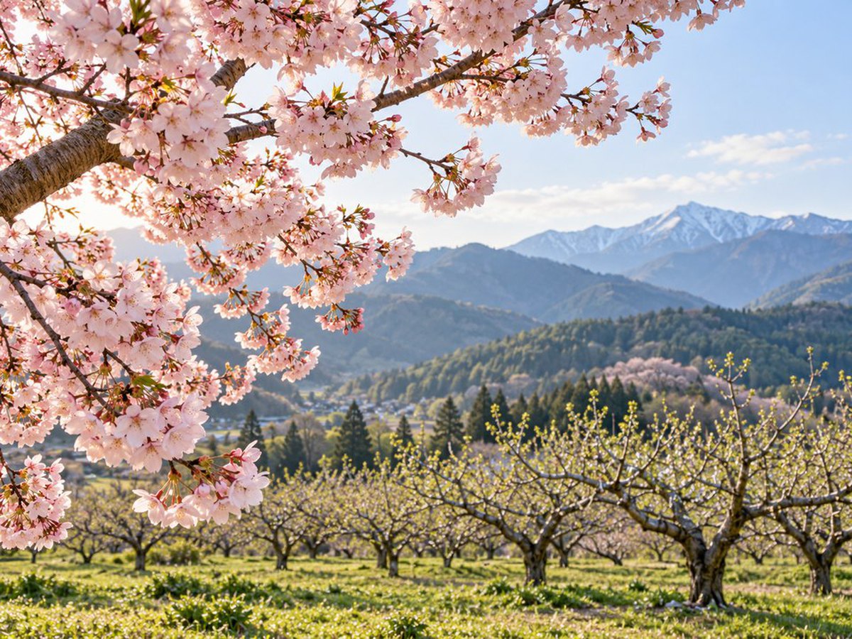 満開の桜と山並み