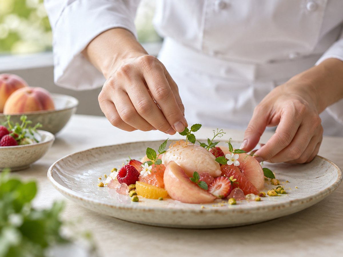 果物を盛りつける料理人の手元