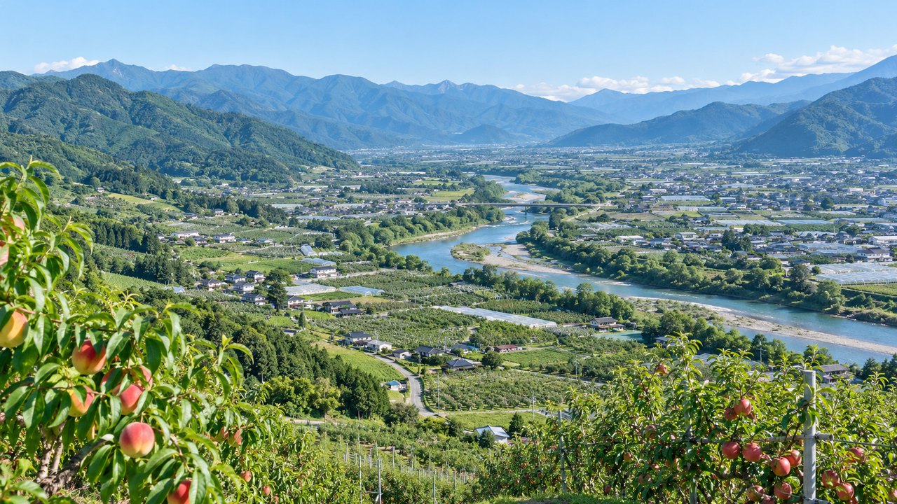 山あいに広がる果樹園と川