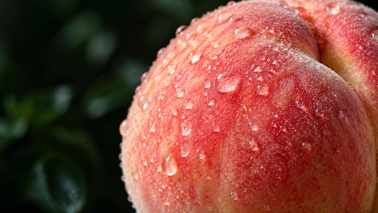 雨粒がついた桃の表面の超アップ