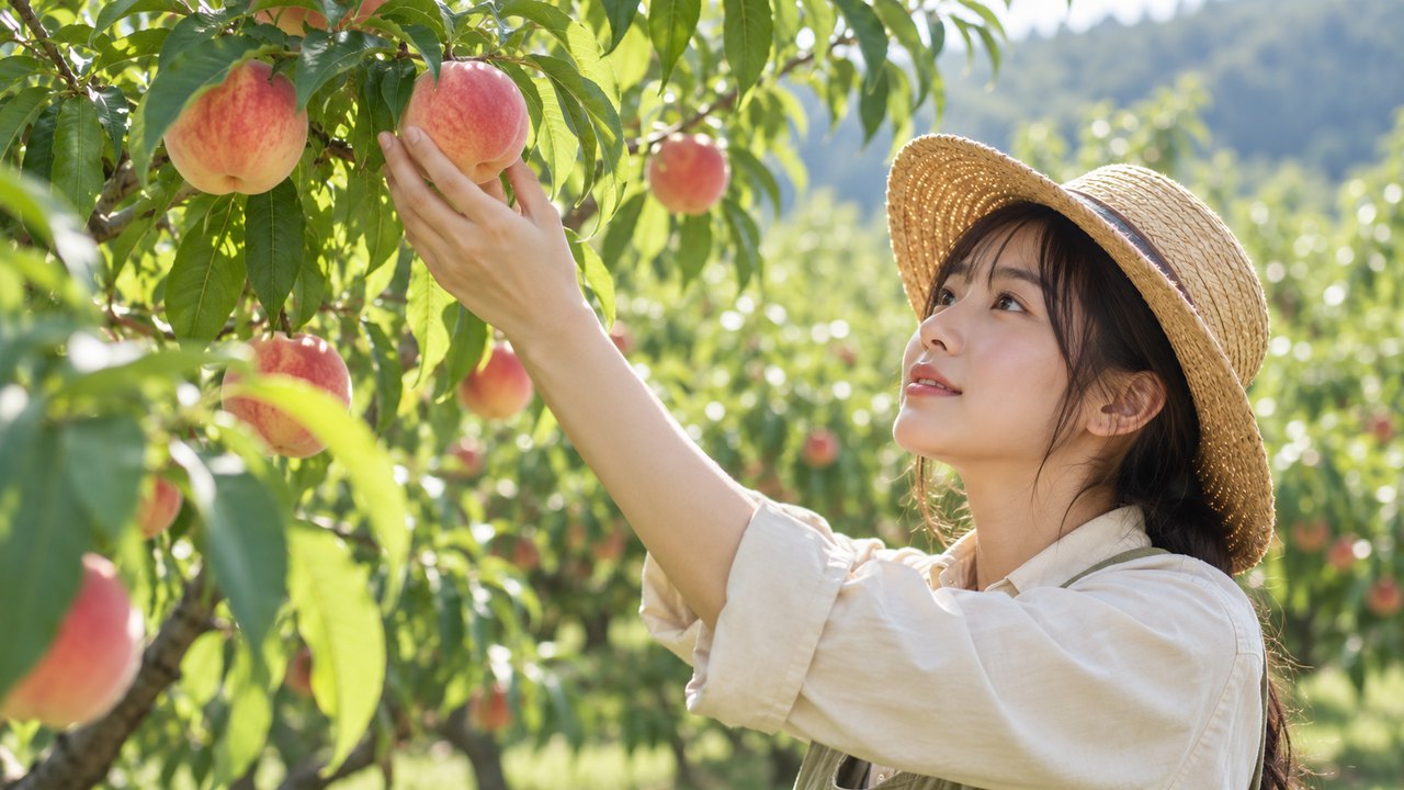 果樹の枝に手を伸ばす架空の女性農家