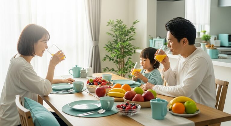フルーツを飲む親子