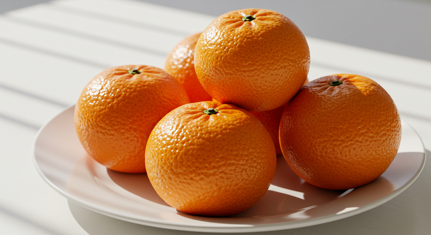 みかん｜白い皿の上に自然光の入るみかん